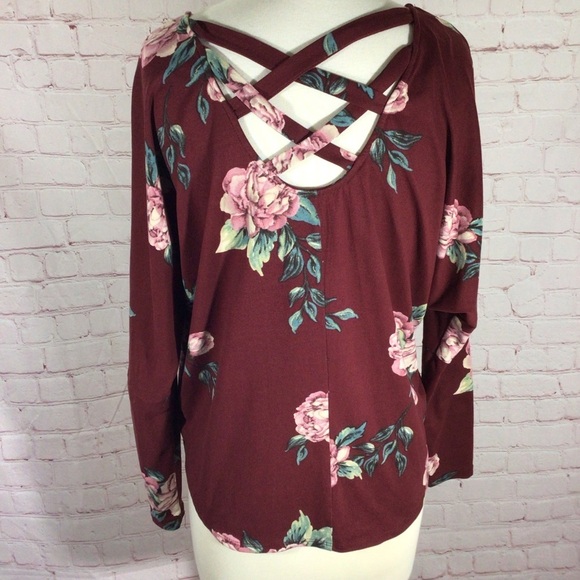 Iz Byer Floral Criss Cross Back Tie Front Long Sleeve Top - Size XS - Picture 5 of 9